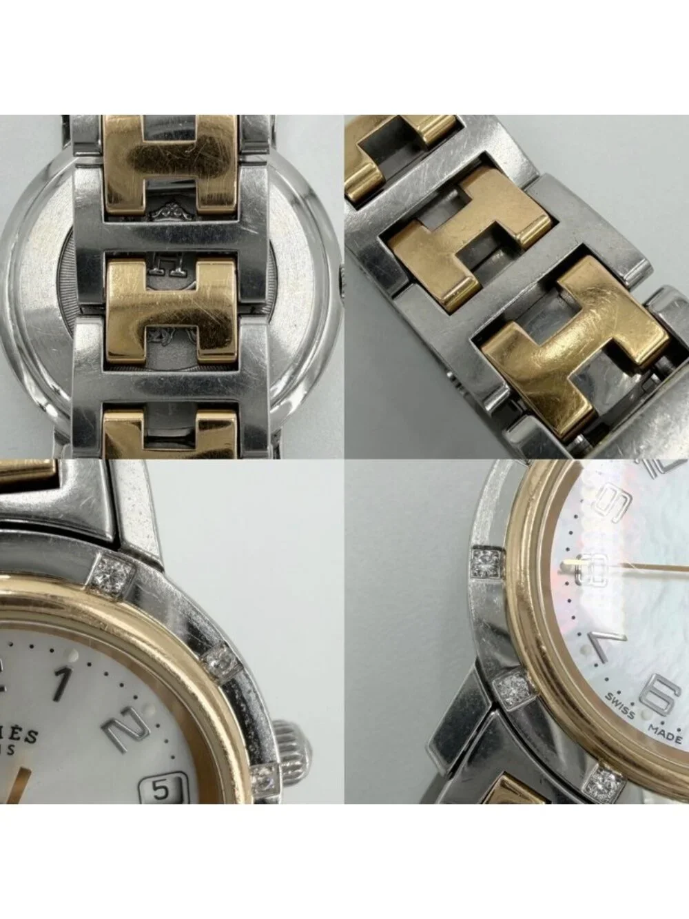 Hermes Watch Clipper Cles Motif Date Combo SS Battery Powered White Shell Dial